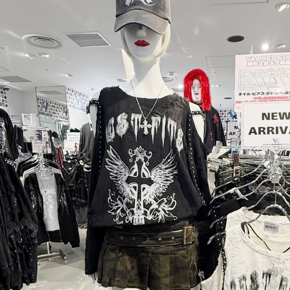 【4/6新着】レース肩OPENクロスダメージロンT