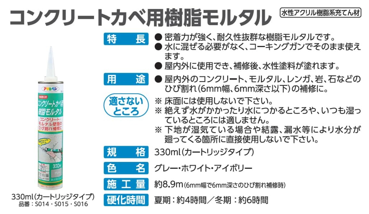 アサヒペン 充填材 コンクリートカベ用 樹脂モルタル 330ml S014グレー モルタル 壁用 ひび割れ 日本製
