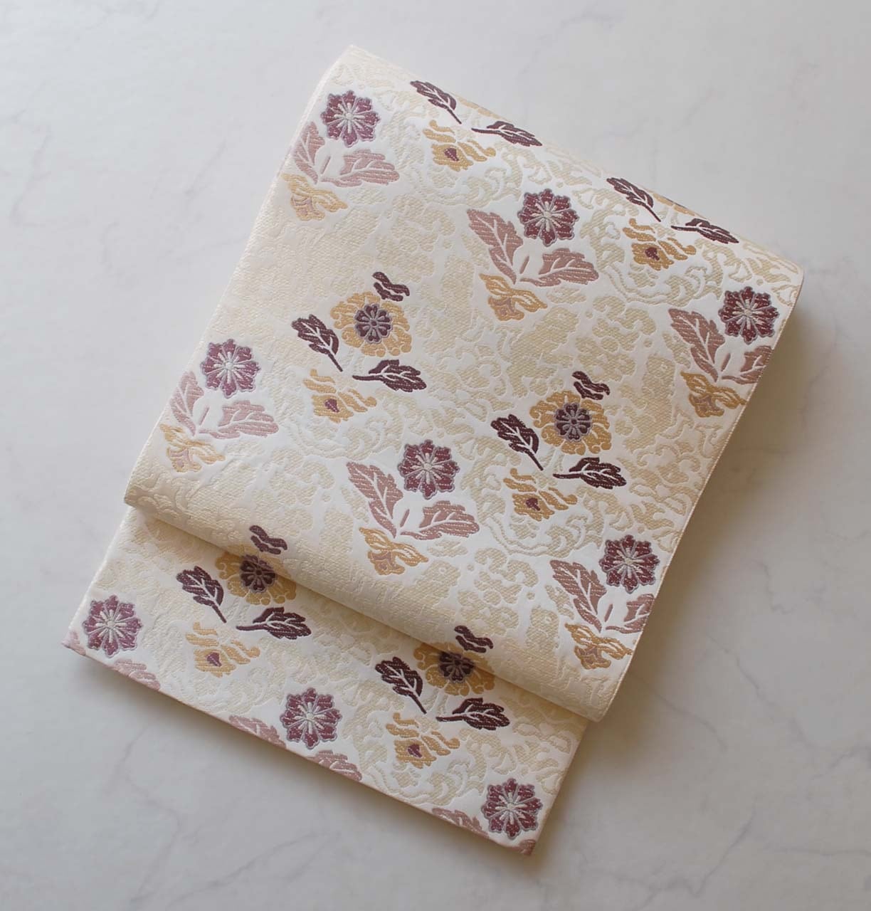 ふくろ帯】生成り色 王朝むらさき 樹下双獣文 唐織りふくろ帯 | 大山