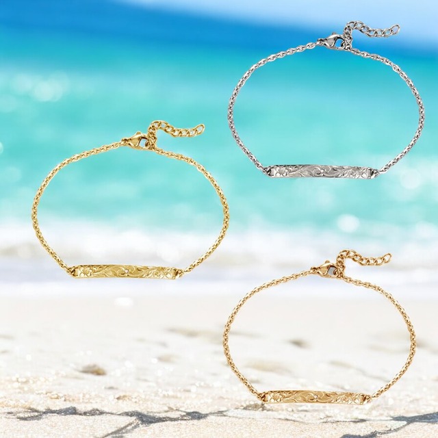 ブレスレット 選べる３色 選べる２サイズ ハワイアンジュエリー 女性用 男性用 メンズ レディース サージカルステンレス プレート ピンクカラーコーティング イエローゴールドコーティング シルバーカラー プレゼント ラッピング lei-gbss119 lei-gbss120 -bracelet