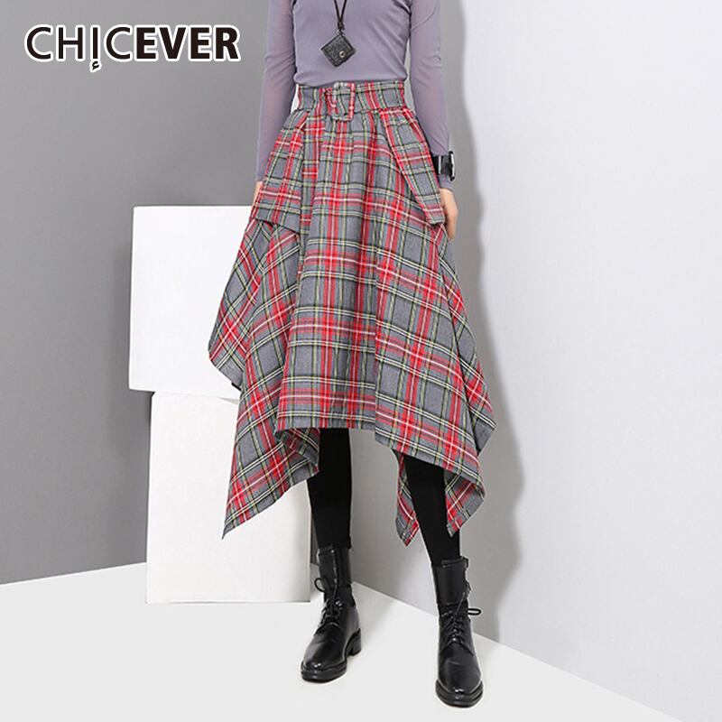 CHICEVERルーズチェック柄スカート女性ウエストサッシ付き非対称裾スカート2020タイド 6base545292014450