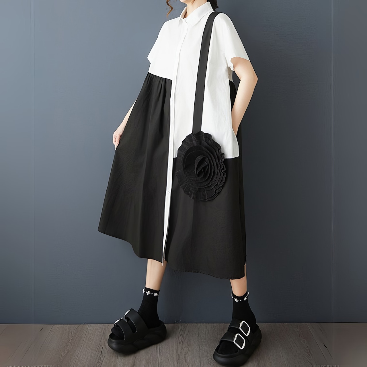 カラーブロック 花モチーフ ワンピース 30198