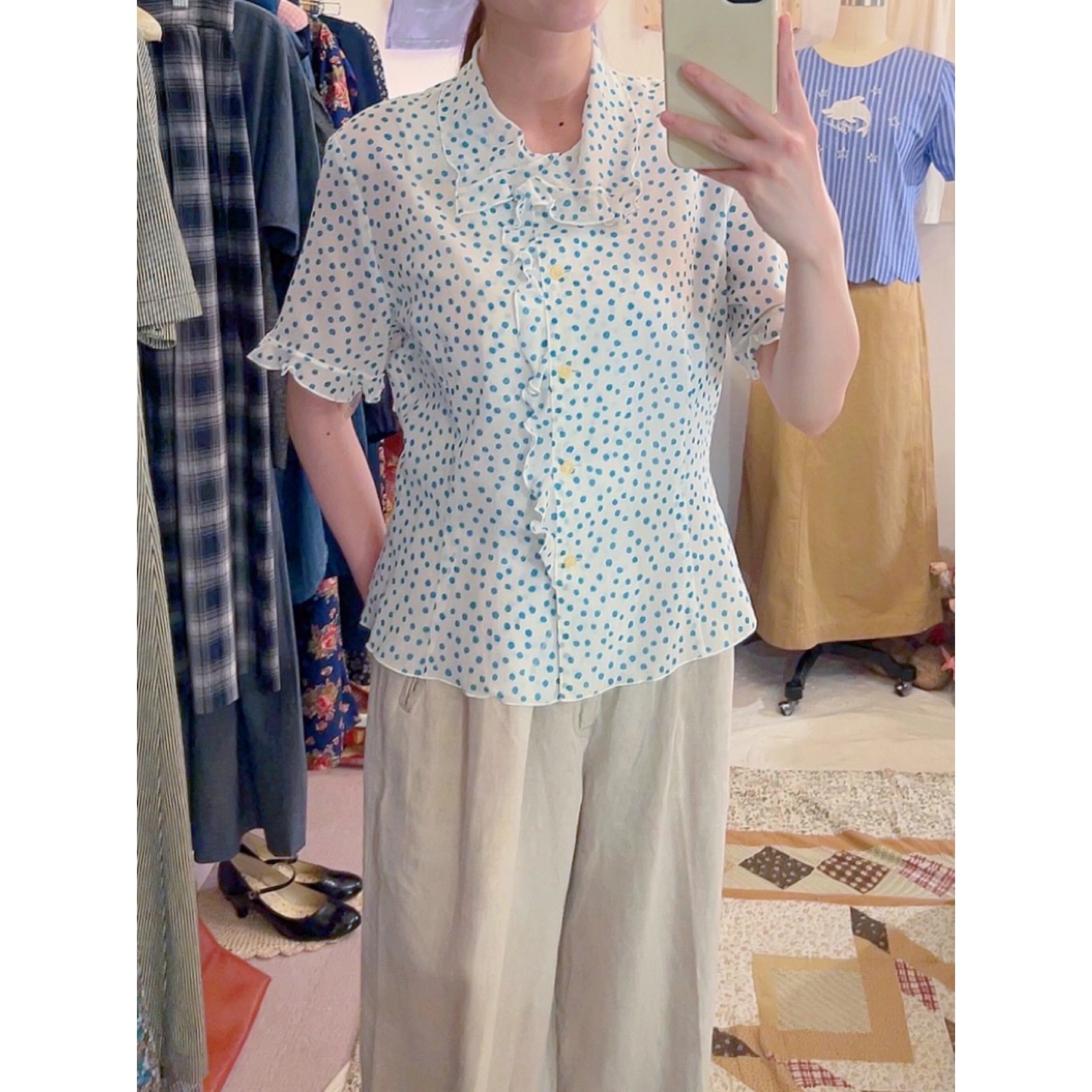 water blue dot frill blouse