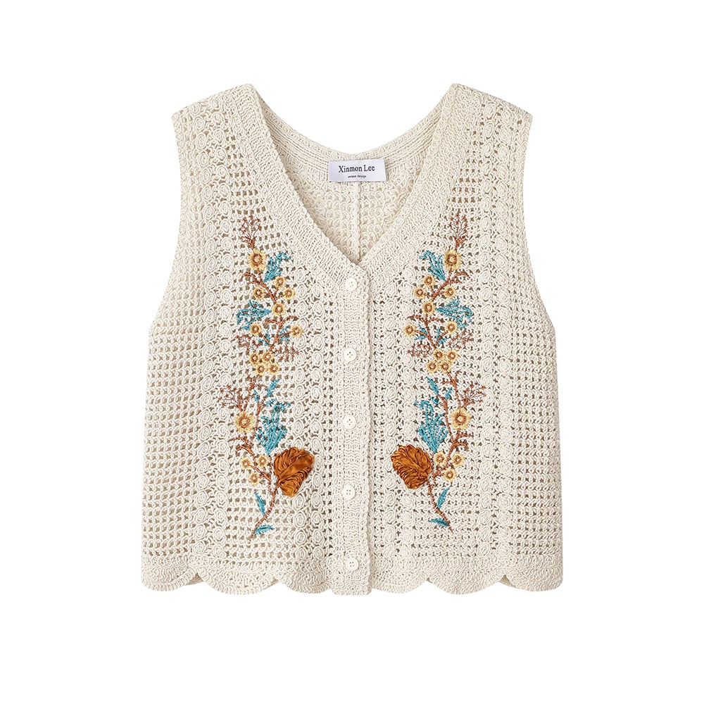 フラワー刺繍 Vネックノースリーブ ニットベスト 00427