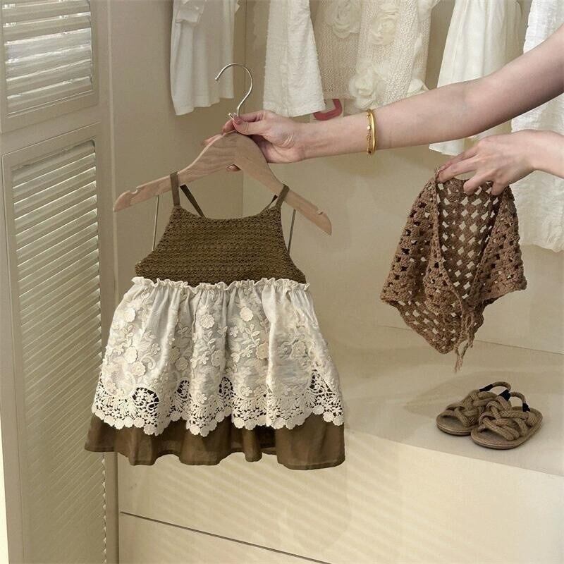 2025夏新作 女の子用 甘いブラウンカラーのレースワンピース【スカーフ付き】