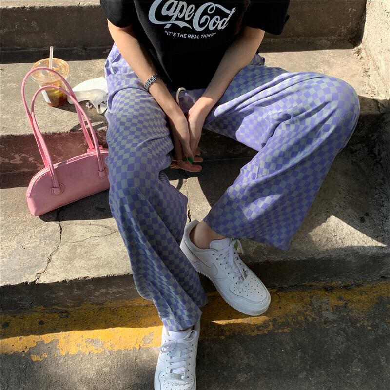 ストレッチハイウェストウェストルーズカジュアルパンツ サマースタイルスタンダードスリム格子柄 レトロ エラスティック 伸縮 夏物 ガールズファッション5490507126