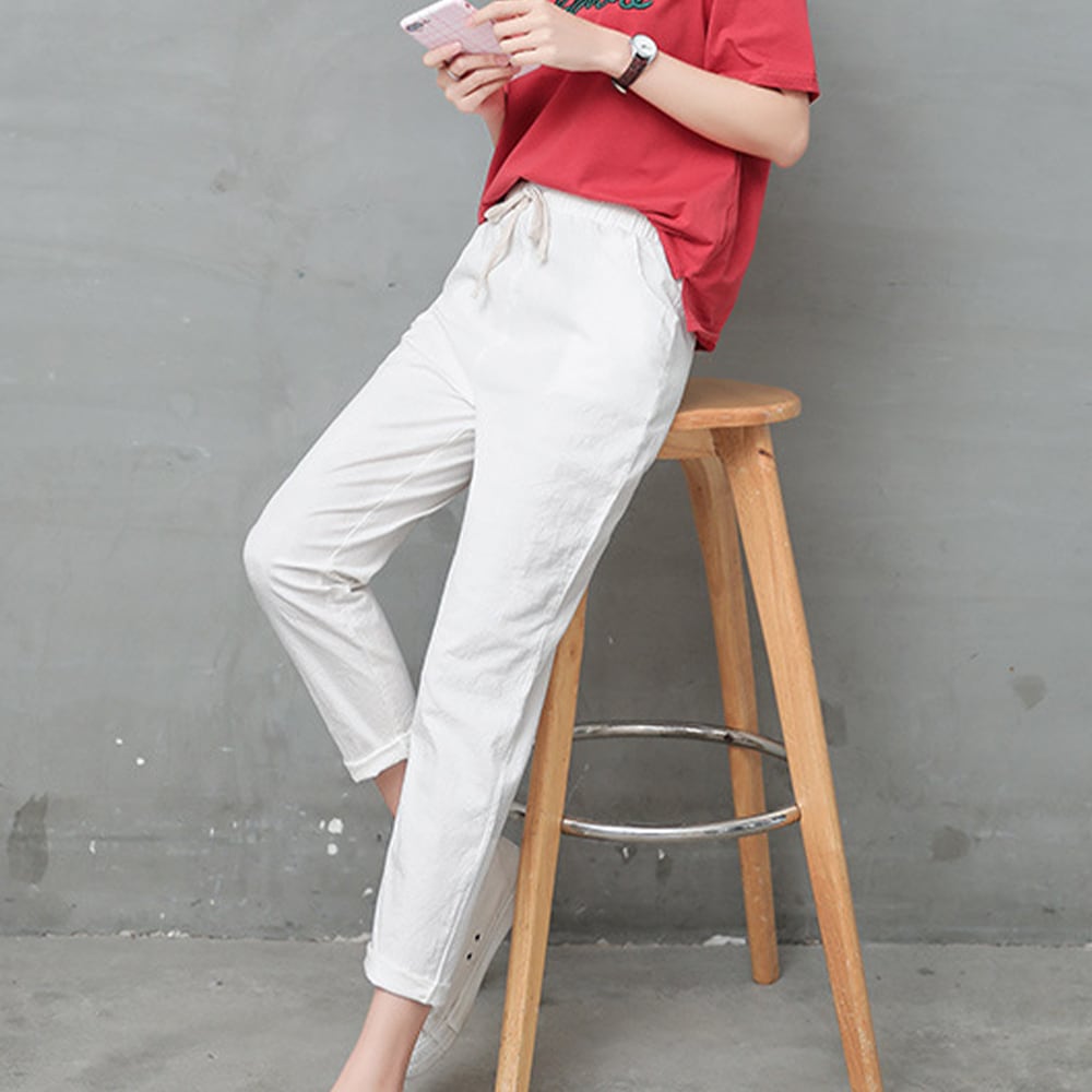 綿麻 アンクル パンツ レディース ストレート 春夏秋 韓国 きれいめ 大人 カジュアル おしゃれ シンプル 9分丈 薄手 カラーパンツ ウエストゴム 大人可愛い 大人女子