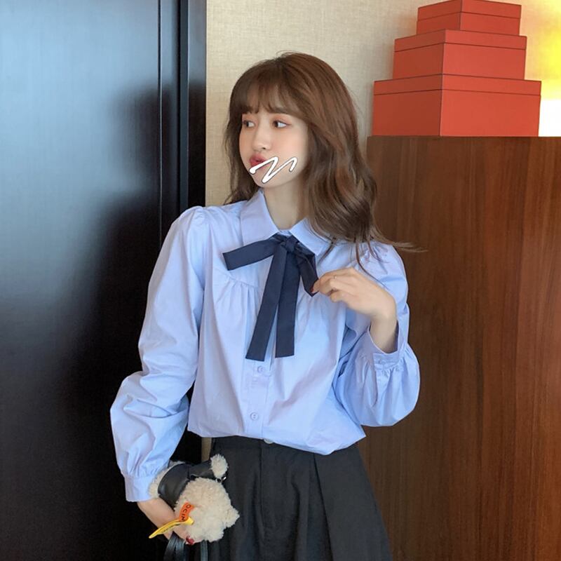 シャツ レディーススプリングルーズリボンスリーブ ランタンスリーブ 春物 試着室54642831487