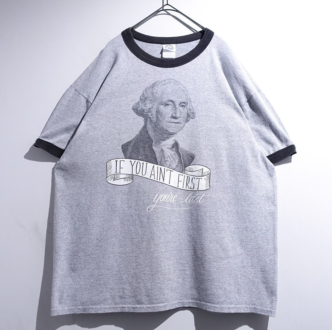 00s Grey x Black Chopin Print Design Ringer T-Shirt
