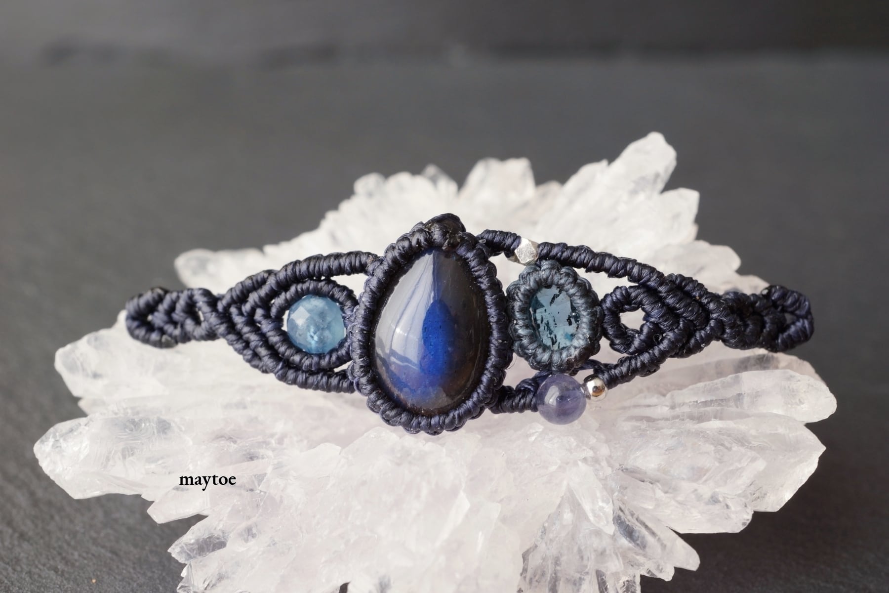 12mm大きめラリマーの二重マクラメブレスレット ～ sea ～【紐色