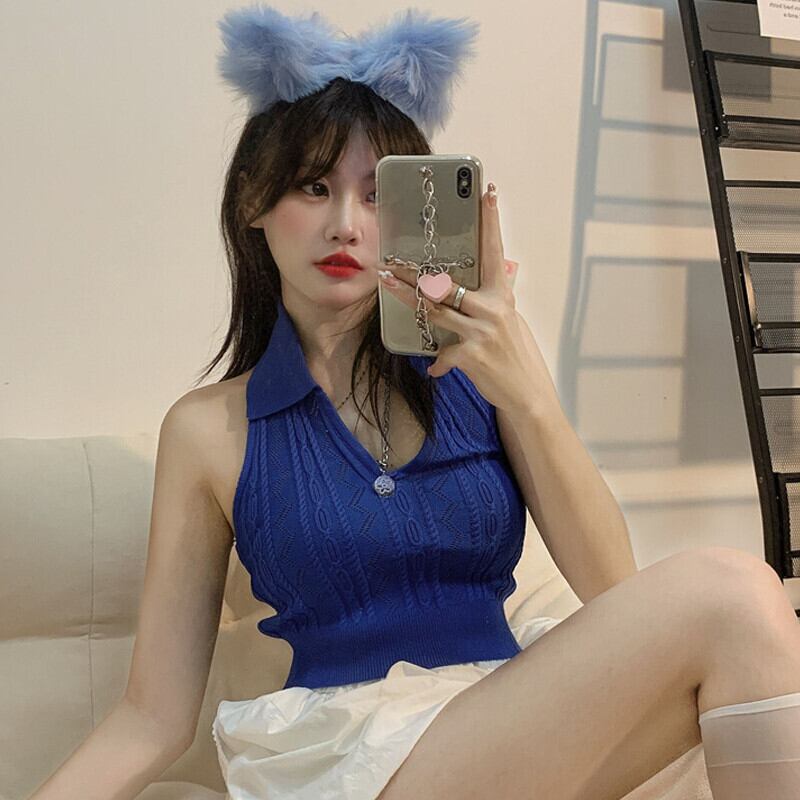 ホルターショートノースリーブトップス レディースニットサマー 半袖 ハーフスリーブ 夏物 ガールズファッション97469176127