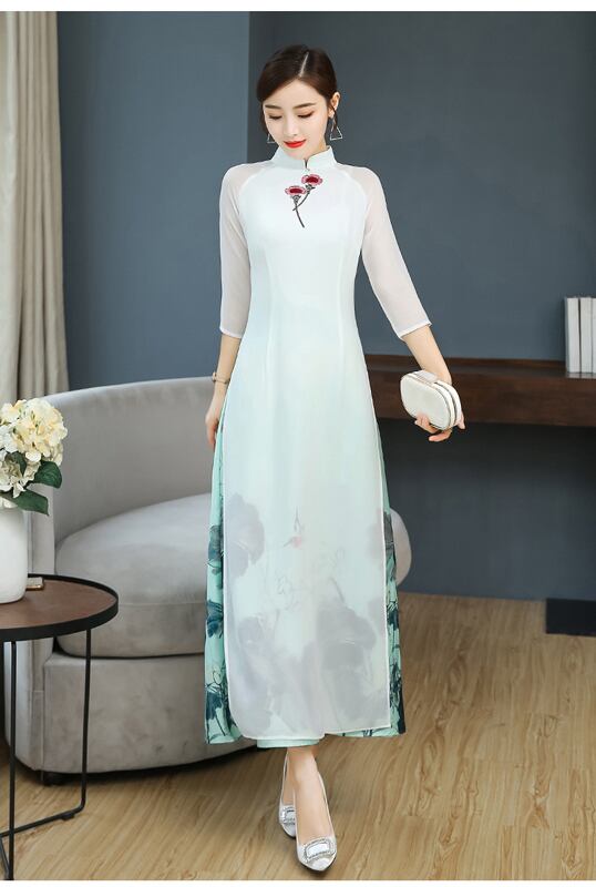 アオザイ ベトナム 民族風 チャイナ風ワンピース ロングドレス サイドスリット 長袖 スタンドネック ワンピース 二次会 花嫁 謝恩会 デート お呼ばれ 大きいサイズ S M L Ll 3l 4l Dresszone