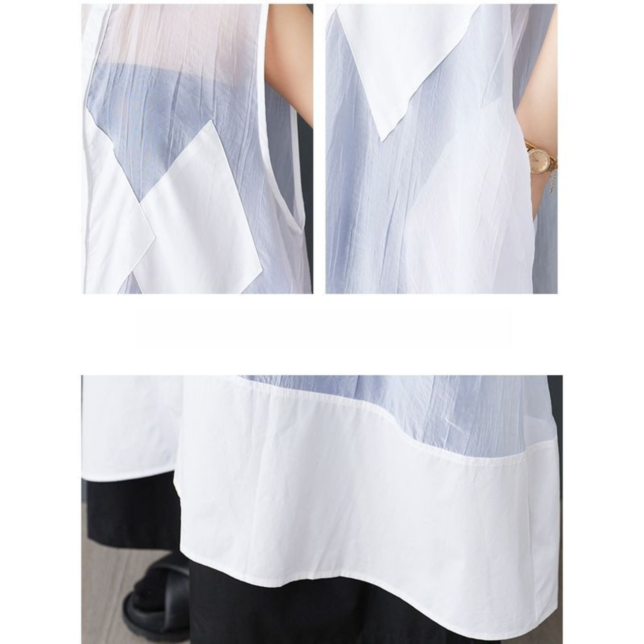 シアー素材 切替 ロングシャツワンピース  30083