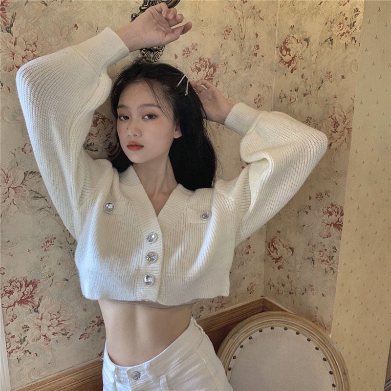 センスVネックウエスタンスタイルニットスモールカーディガンレディース秋半半袖セーターコートホワイトルーズトップ ブラックストロベリース39413715170