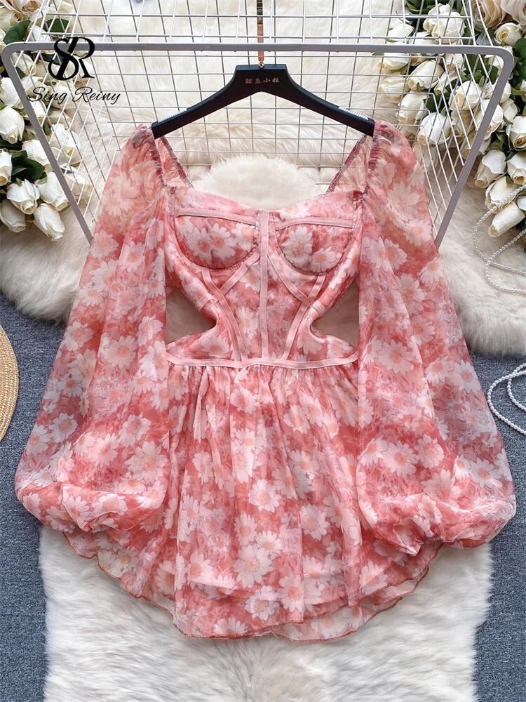 Sing補強-フローラルプリントシフォンドレス、スクエアカラー、ロングパフスリーブ、ジッパー、甘い韓国スタイル、シックなビーチウェア、春、2024_440