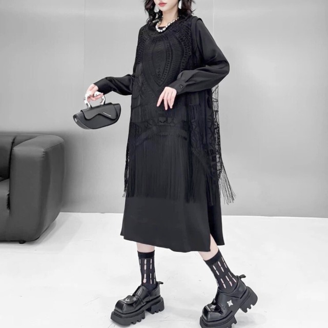 Black fringe overlay dress C1270
