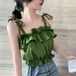 ガーリー セクシー フリル キャミソール レディース トップス インナー アプリコット グリーン ピンク ショート丈 CUTE 大人 フェミニン シンプル シック 紐リボン おしゃれ 男ウケ デート服 楽ちん 韓国ファッション 通販 2021 春 夏 秋