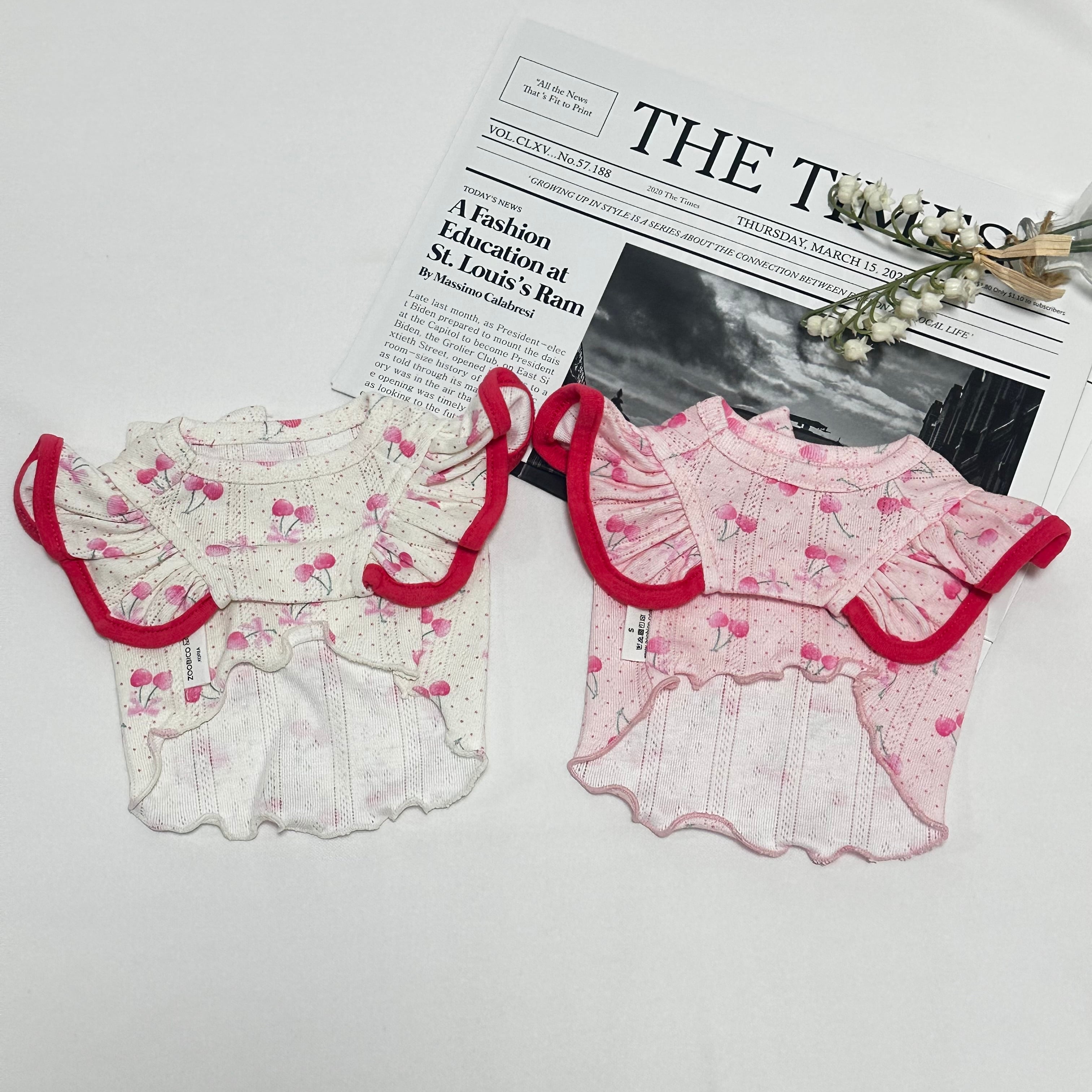 cherry blossom t-shirt S ~ XL 2color / 犬服 春夏 新作 ドッグウェア トップス ブラウス フリル チェリー柄 可愛い 犬の服 お揃い 小型犬 中型犬 ペット用品 ペット洋服