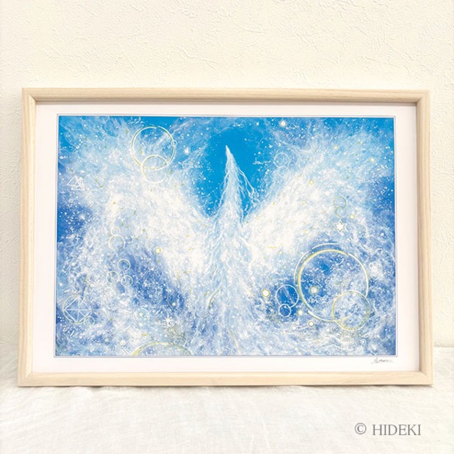 鳳凰の絵 風水 開運『天翔ける』HIDEKI 直筆サイン入り ヒーリングアート スピリチュアルアート（A3横型額入り / HYMジクレー / 乳白アッシュフレーム・UVカット仕様）