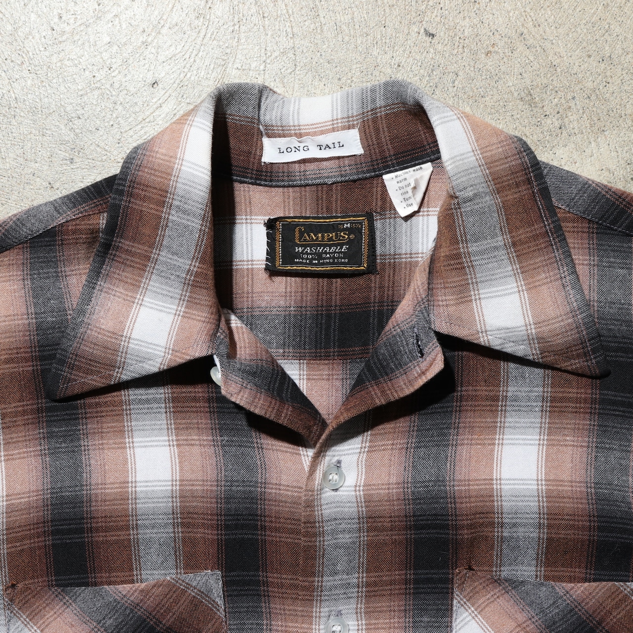 美品 M 70s Campus レーヨン オンブレチェックシャツ キャンパス 茶色 黒 ヴィンテージ ビンテージ vintage