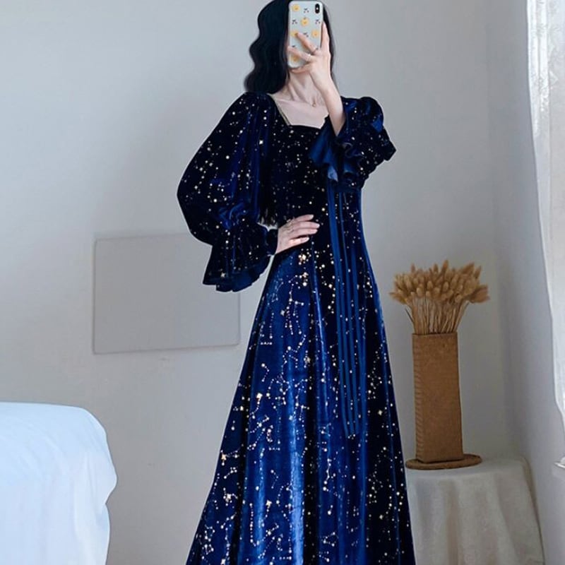 竇潮シリーズ 星空ワンピース ベルベット ドレス 気質アップ 可愛い セクシー ロング丈 ブルー 青い Elegant