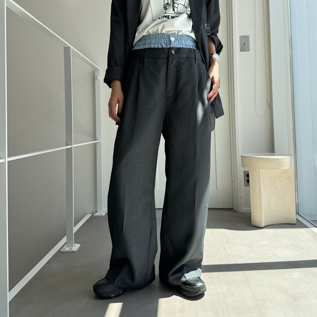 ダブルウエストスラックスPT/チャコール