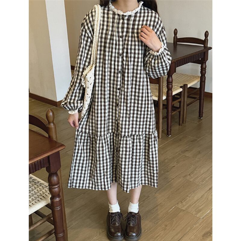 ギンガムチェック柄 ロング丈 フレンチスリーブ ワンピース 1018