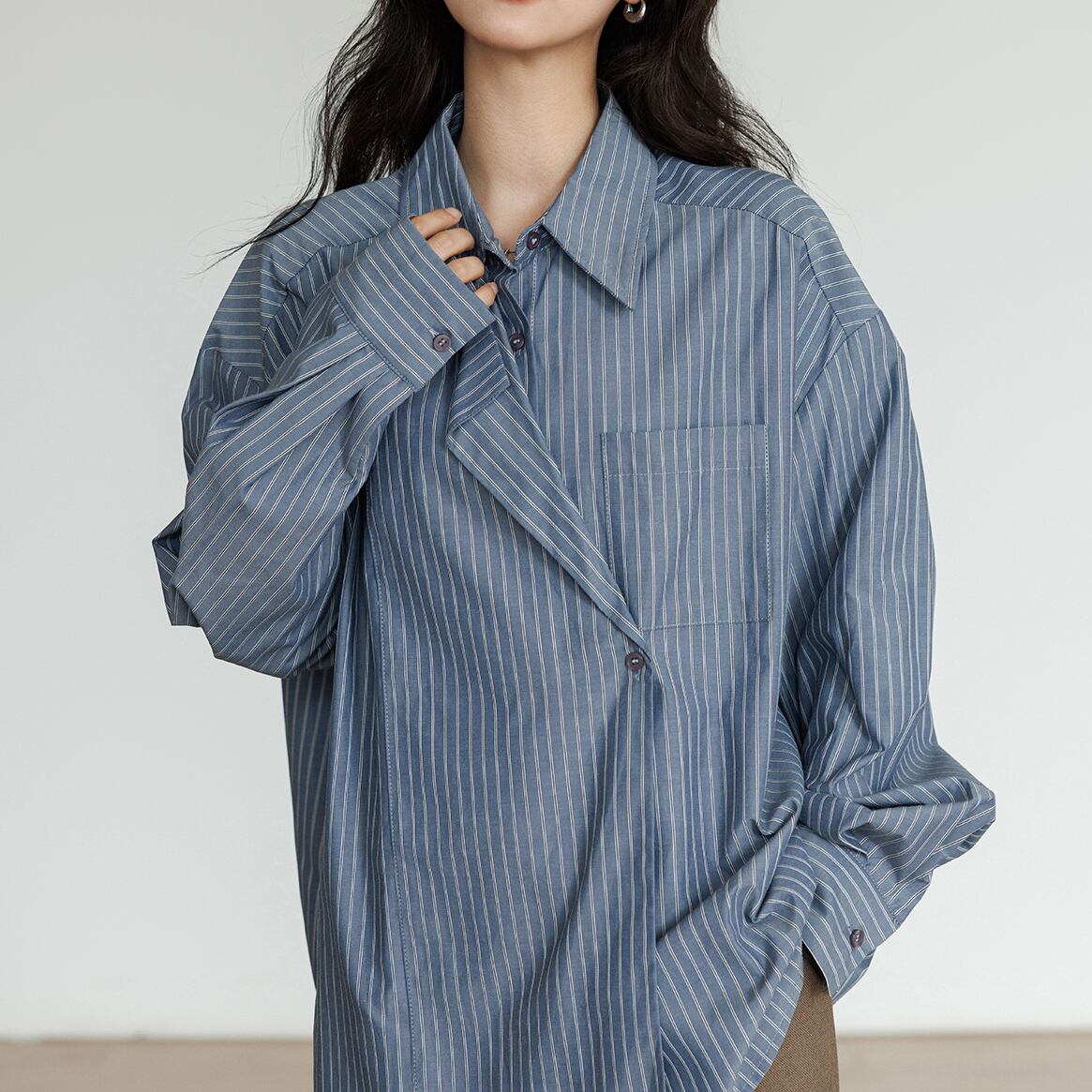Striped irregular opening loose shirt S362