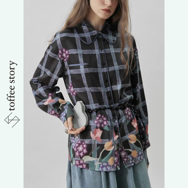 影に花が溶ける余白：チェックラペルシャツ《XU0265》