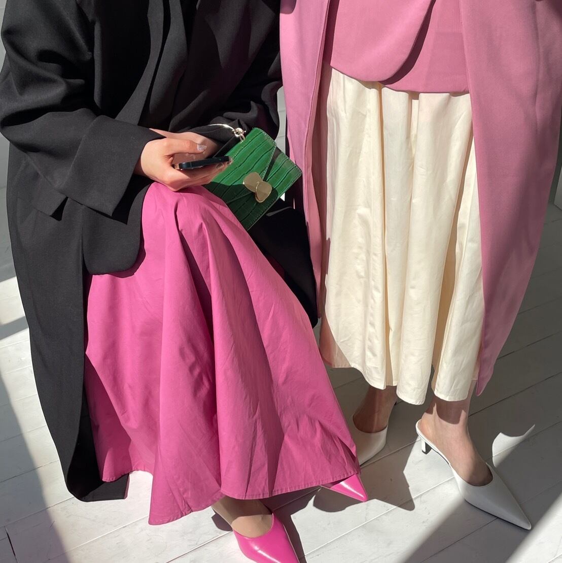 nylon wide long taffeta skirt_LN0831