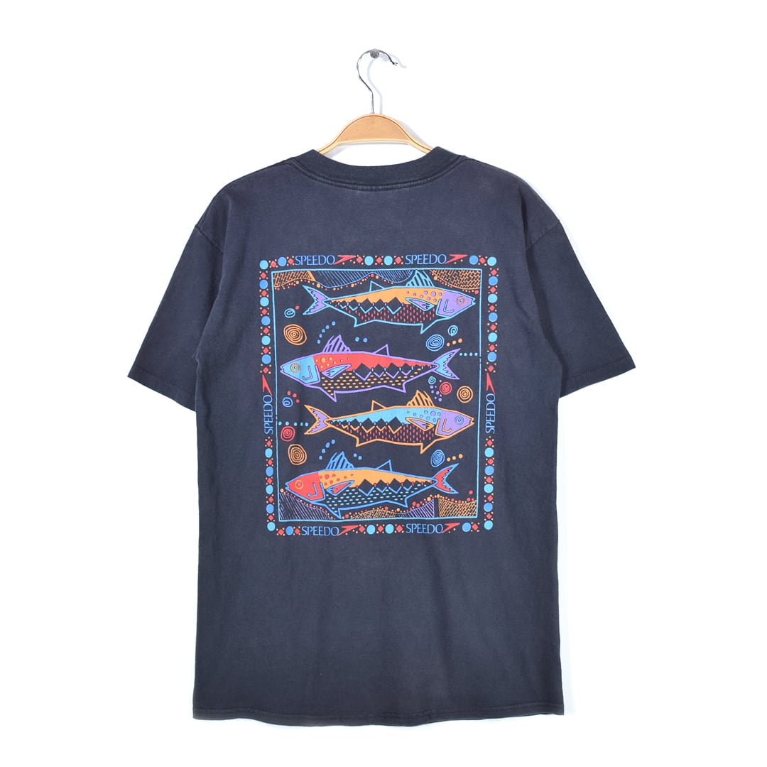 90s SPEEDO スピード USA製 ヴィンテージTシャツ 魚 フィッシュ 水泳 ブラック メンズM 古着 @BZ0397