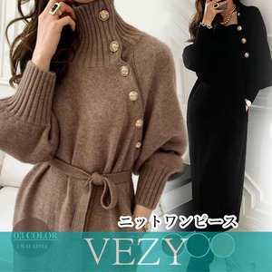ニットワンピース 長袖 秋冬 ロングワンピース ウエストマーク おしゃれ タートルネック ミモレワンピ 着やせ 体型カバー 大人かわいい 30代40代 ワンピース VEZY ベジー ItemNo.【16168957】