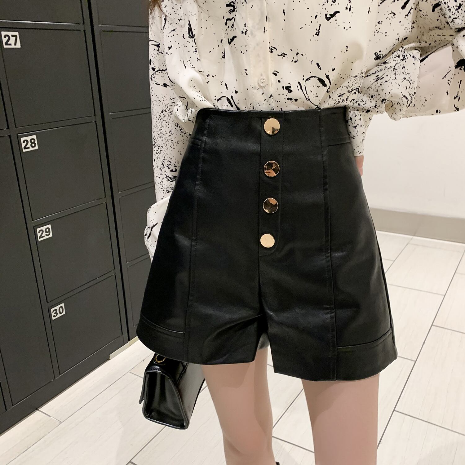 スプリングスタンダードダブルブレストレザーショーツ ハイウェストウェストスリムブラックパンツ レトロ 春物 ブルマー 6Du_Shop_Women61291861199