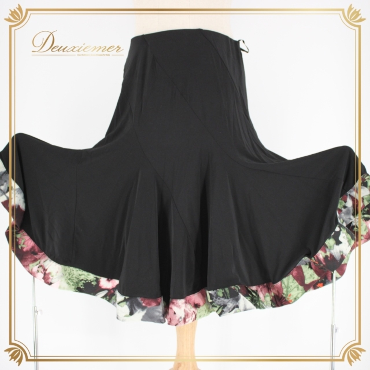 社交ダンス 衣装 スタンダード ラテン スカート レッスンウェア 黒 ブラック系 gentil ジャンティ 花柄 練習着 シンプル シック かわいい スカート フレア スパンデックス ショートレングス スタイリッシュ おしゃれ ダンスレッスン パーティー 衣装 ポリエステル 伸縮性 柔らかい コーディネート おすすめ 女性用 ブラックドレス ガーデンパーティー フラワープリント