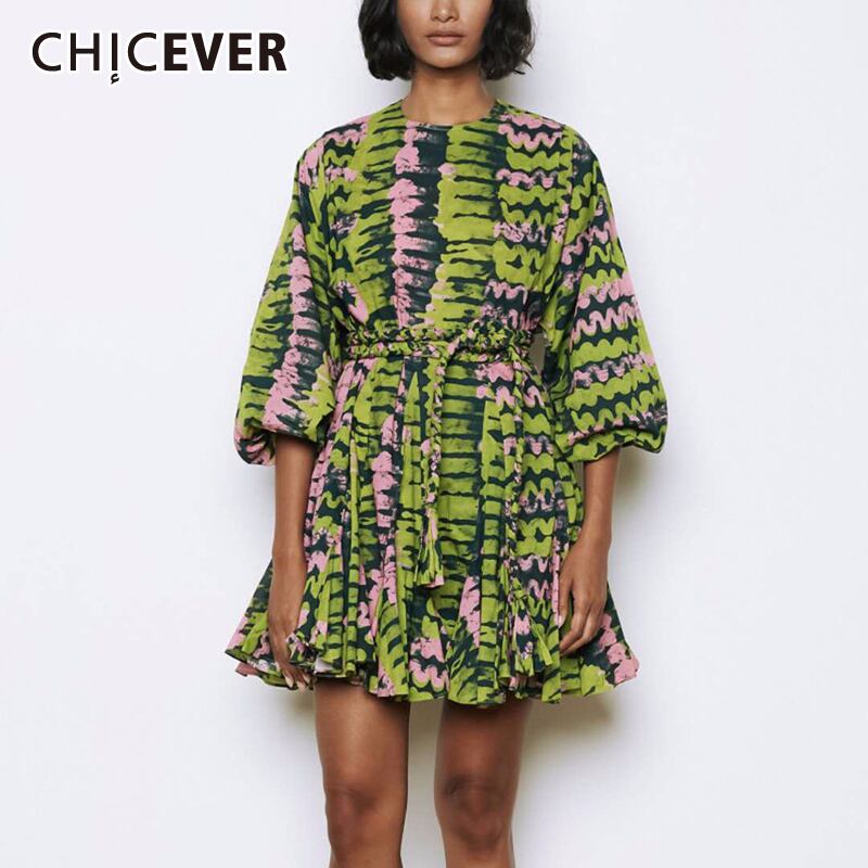 CHICEVERプリントヒットカラードレスレディースOネックランタン長袖ウエストレースアップサマードレス2020 ロング 夏物 6base514817730401