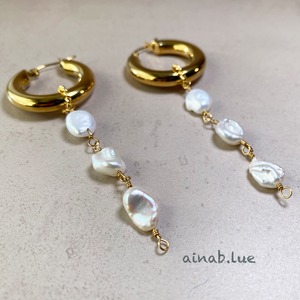 *K18GP* 25mm LargeHoop & ThreePerl *PiercedEarrings(ピアス)