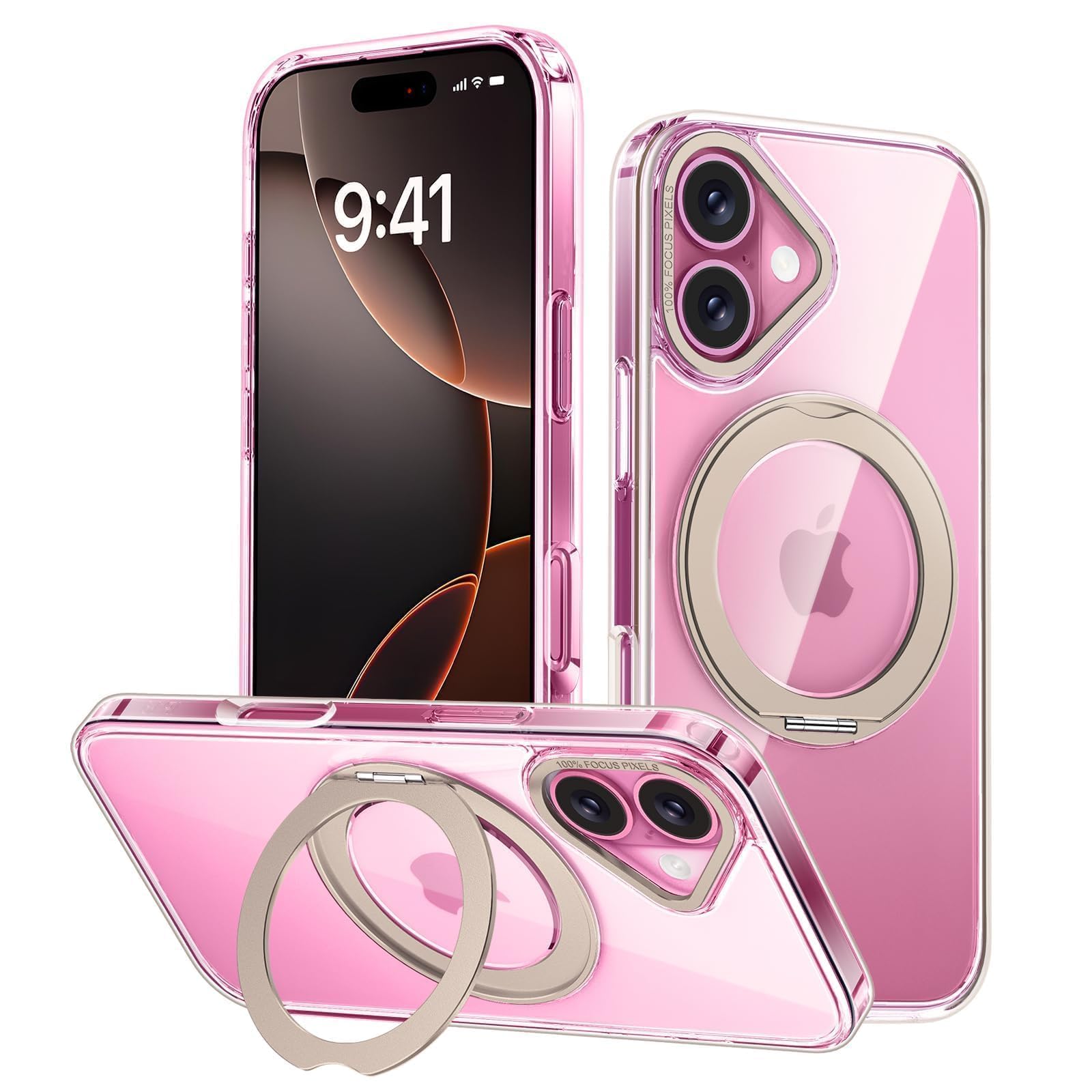 Gunwon iPhone 16 用 ケース Magsafe対応 ワイヤレス充電 360°回転スタンド 縦横両対応 米軍規格耐衝撃「クリア・ゴールド」