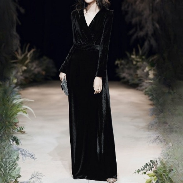 ワンピース レディース 送料無料 3色ニット Vネック ベロア ベルベット ひざ下 フリル フォーマルドレス パーティドレス ひざ下 ロング丈 袖あり 長袖 Vネック カシュクール レース ハイウエスト エレガント 大人可愛い きれいめ ゴージャス 華やか 上品 ブライダル 披露宴 オケージョン 美脚 脚長 高見え 格上げ 春 秋 冬 お呼ばれ お出かけ パーティー 二次会 フォーマル ブラック グリーン ワインレッド S M L XL 2XL 3XL