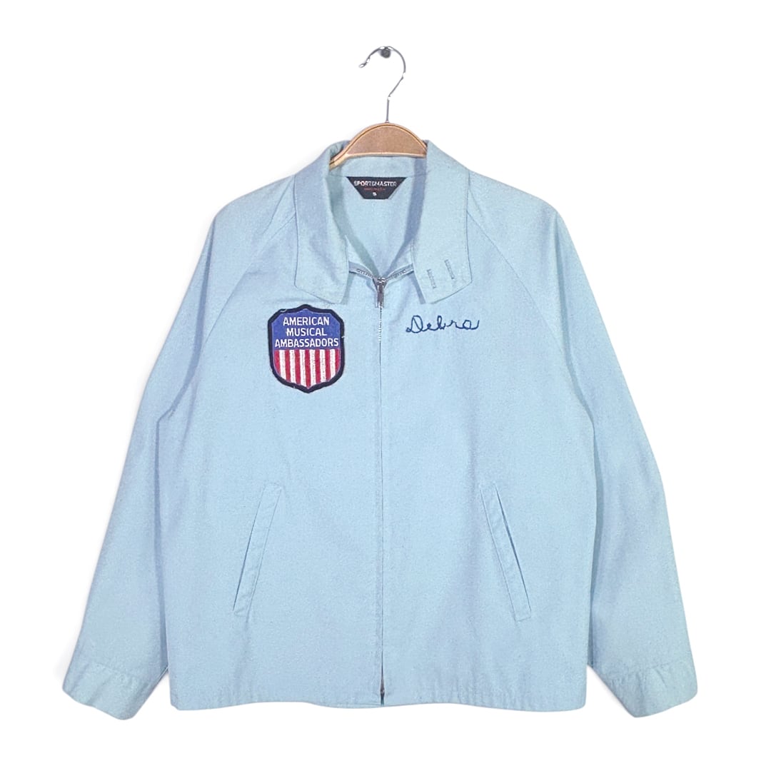 80s SPORTSMASTER USA製 ヴィンテージ スウィングトップ チェーンステッチ刺繡 ワッペン ライトブルー サイズS 古着 DZ0822