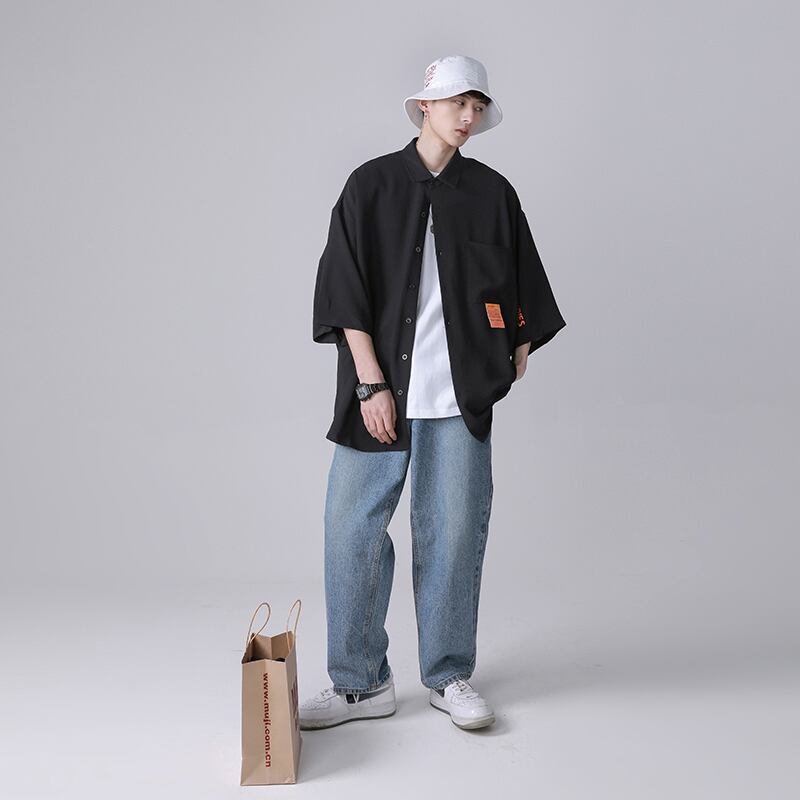 全1色 シャツ トップス 無地 カジュアル 羽織 半袖 ブラック