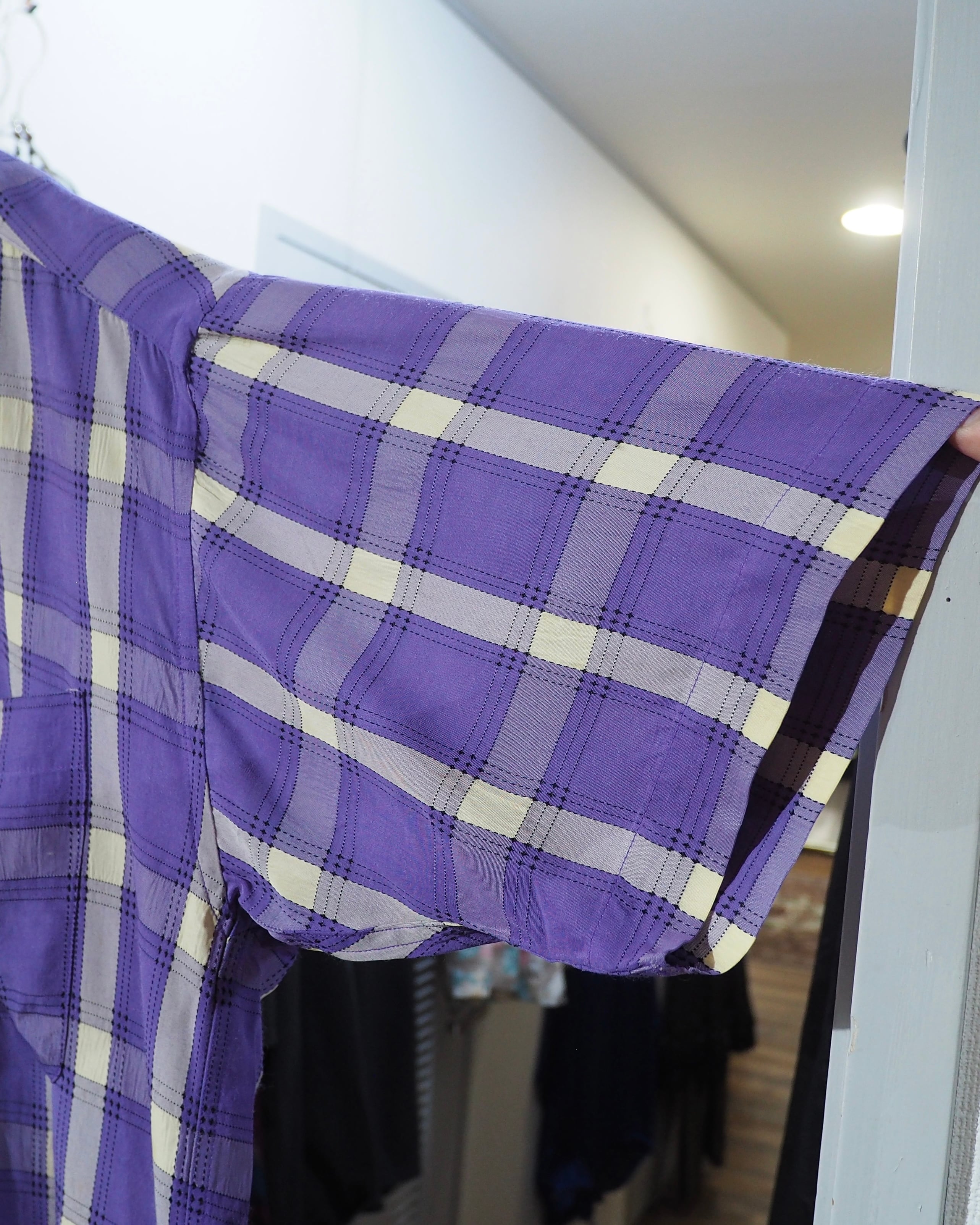 1990s " JUNKO KOSHINO " White Purple Check pattern vintage Open collar SS shirt