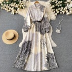 Spring Chinese style lapel, waist, straps, long-sleeved, loose, thin, over-the-knee long skirt, temperament, retro dress ロング レトロ スプリング 春物 スカート lyxaj76736941808