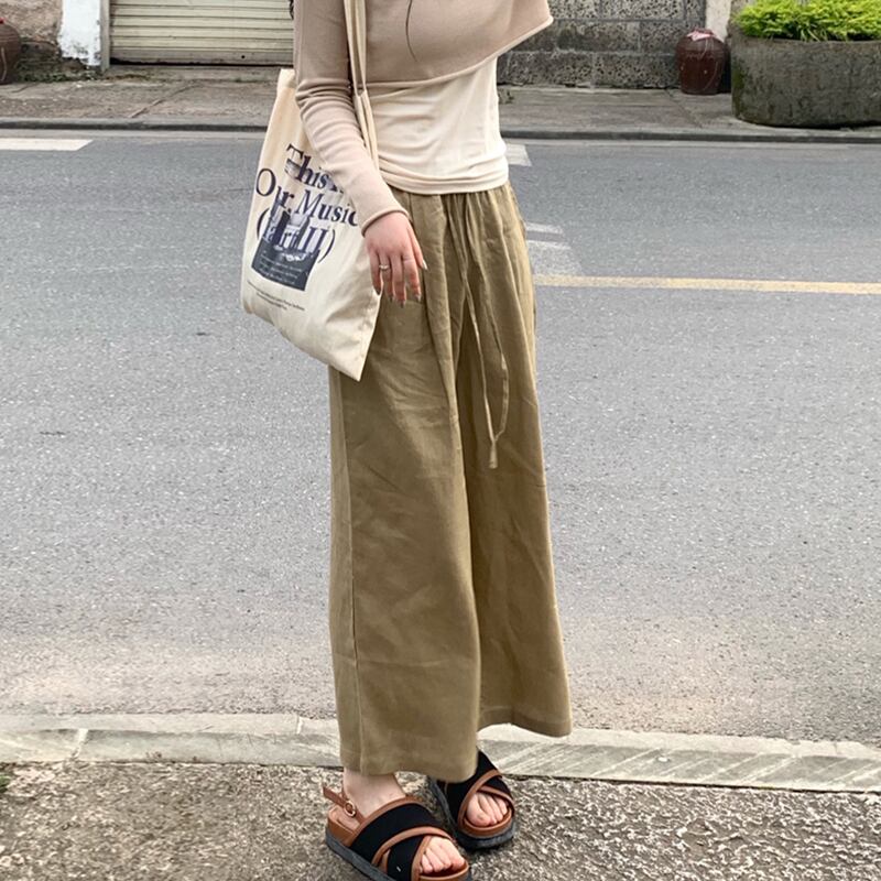 カーキカジュアルパンツ サマー薄手ハイウェストウェストルーズ 夏物 スーパーモール26994505809