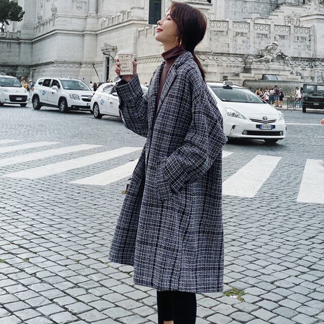 【予約販売】チェック コート ロング丈 ミドル丈 テーラード 襟 ビックシルエット ウールコート レディース 秋冬 アウター S,M,L ゆったり ルーズ 柄