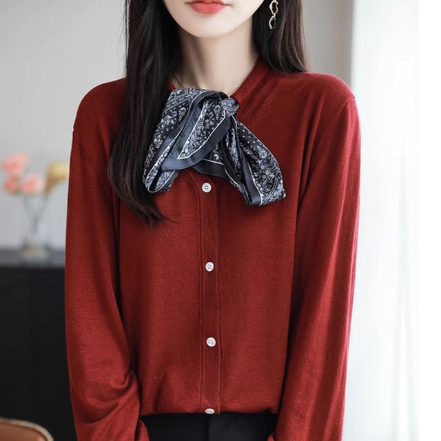 スカーフ付き ボタンフロント 長袖 ニットカーディガン K1079