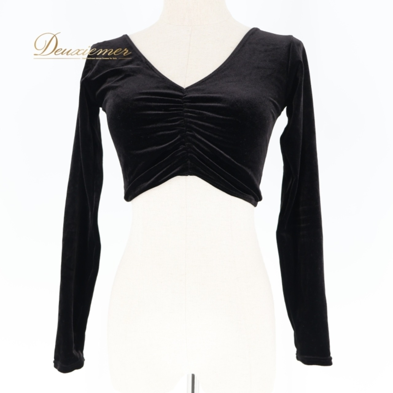 社交ダンス 衣装 トップス ブラウス ブラック系 チャコット Chacott 黒 日本製 ベロア ショート丈 長袖 練習 レッスン 伸縮 ストレッチ 無地 シンプル 上品 短め かわいい 光沢 高級感 ダンス衣装 イベント ステージ パーティー オールブラック