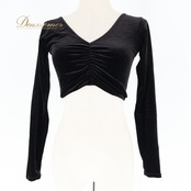社交ダンス 衣装 トップス ブラウス ブラック系 チャコット Chacott 黒 日本製 ベロア ショート丈 長袖 練習 レッスン 伸縮 ストレッチ 無地 シンプル 上品 短め かわいい 光沢 高級感 ダンス衣装 イベント ステージ パーティー オールブラック
