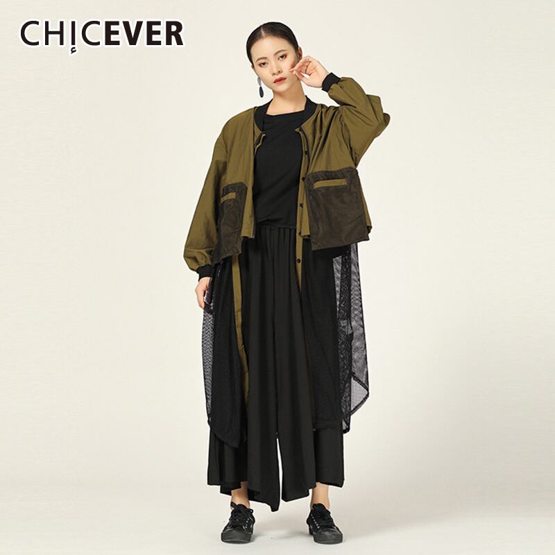 CHICEVERジャケットレディースOネック長袖パッチワークメッシュ特大ストリートウェアコート2020 ロング 6base544100547399