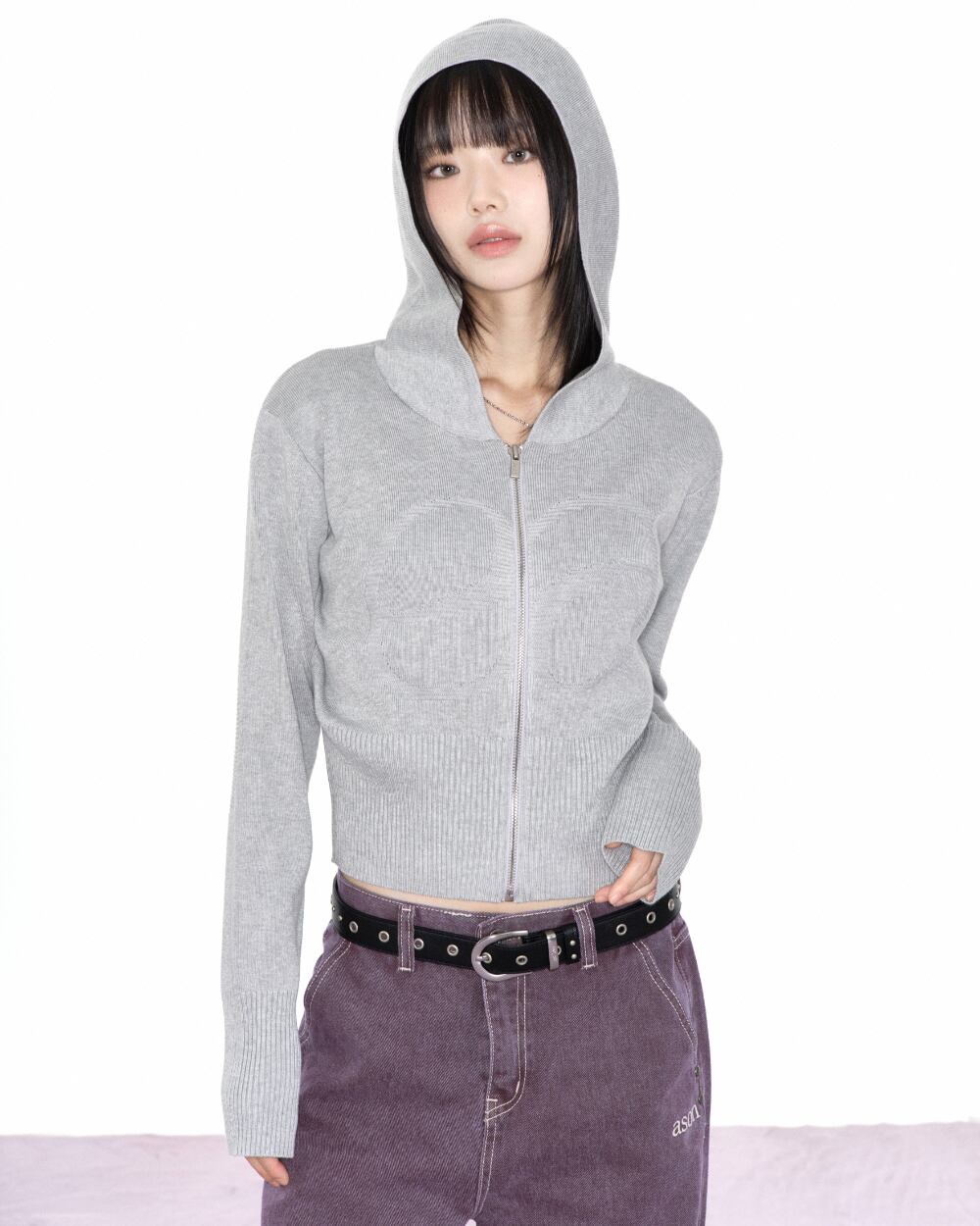 as”on] PUNCHED KNIT HOOD ZIP-UP / GRAY 正規品 韓国ブランド 韓国