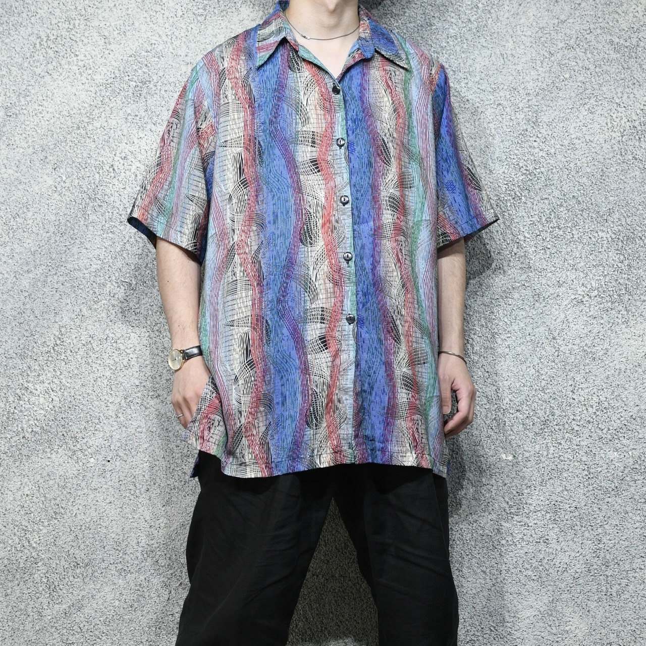 wave multi stripe open collar shirt